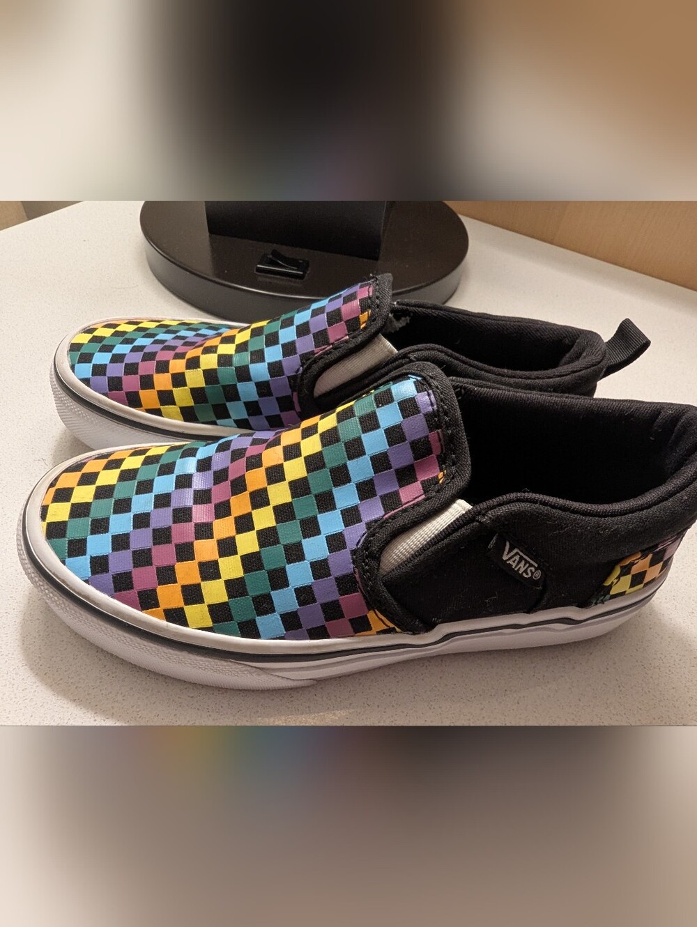 VANS Asher Slip On Shoe Rainbow Mini Check Canvas Sneakers Kids Size 13 Like New - Picture 4 of 12